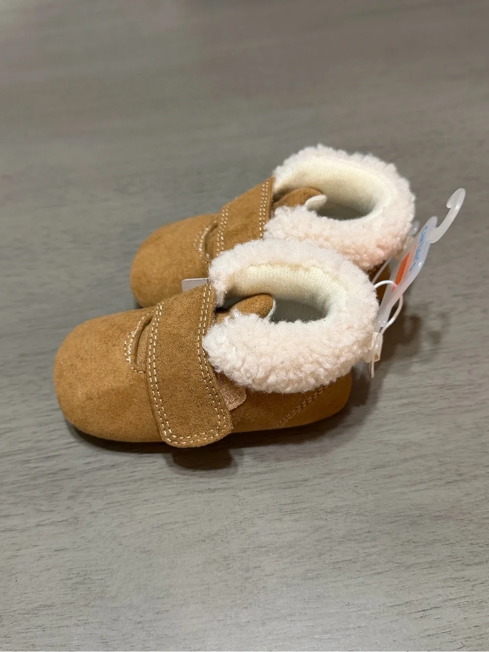Carter's Tan Faux-Suede Baby Walker Shoes with Cream Faux-Shearling Trim